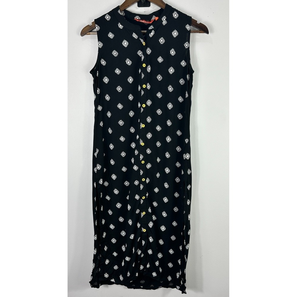 Fusion Button Down Dress Womens Small Black White Boho Geometric Sleeveless Midi
